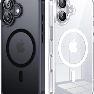 2 x Magnetic Mobile Phone Case Compatible with MagSafe Scratch-Resistant PC Back Shockproof Non-Yellowing Protective Case (Transparent and Matte Black)