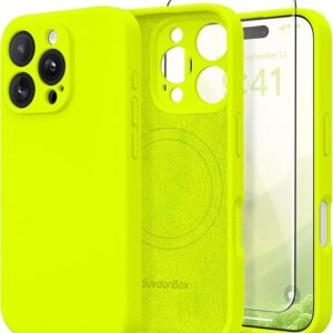 Case Compatible with MagSafe, [Full Camera Protection] [Screen Protector] Shockproof Silicone Protective Case 6.3 Inch, Fluorescent Green